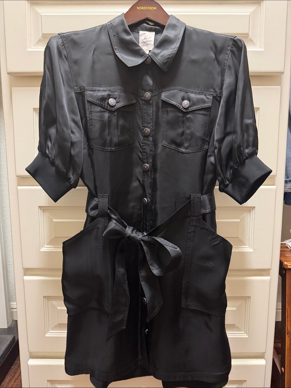 Cinq a Sept Satin Black Button-Front Shirt Dress with Tie Waist